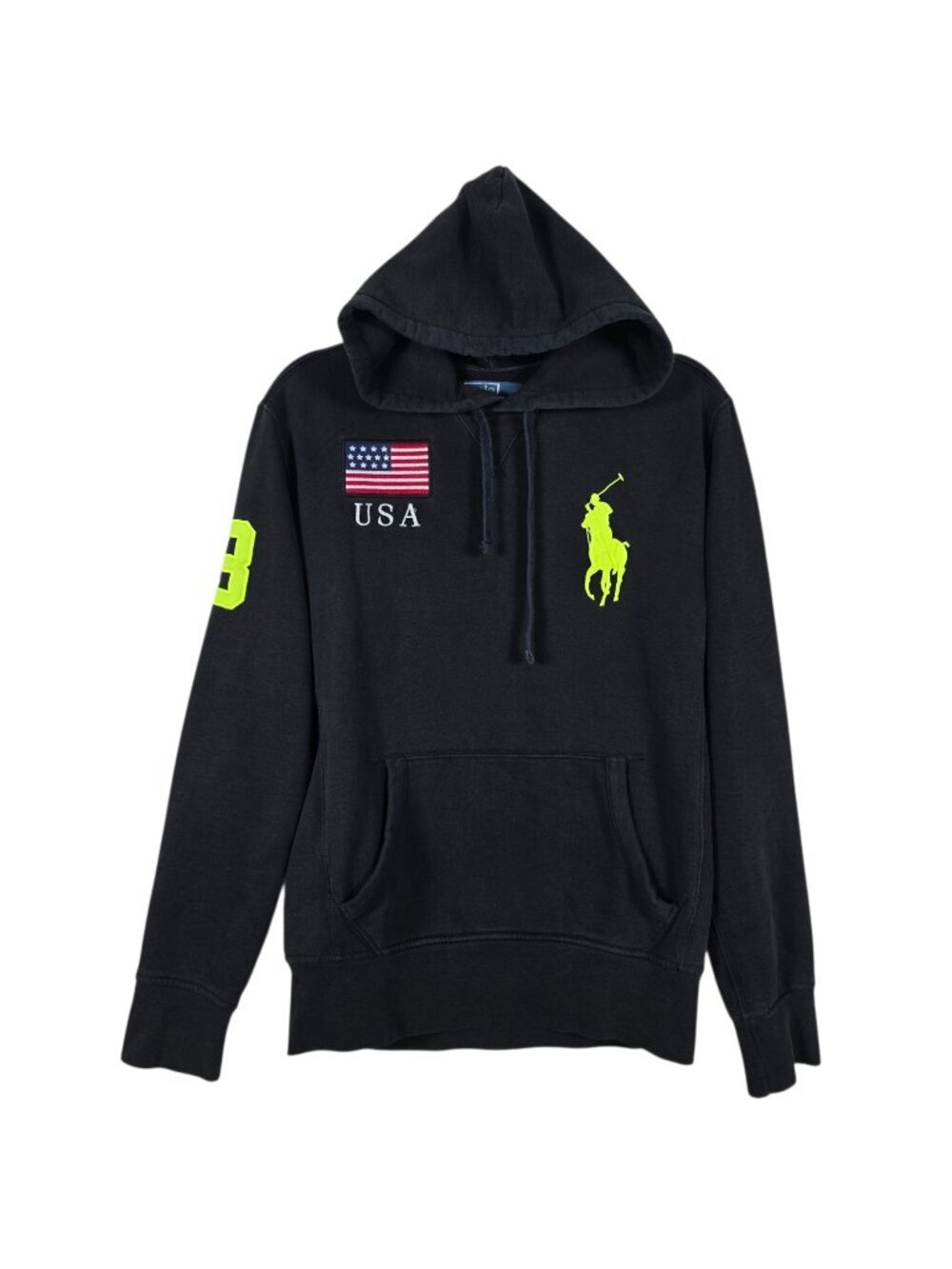 VTG Polo Ralph Lauren Mens Black Neon USA Flag Big Pony 3 Pullover Hoodie Small